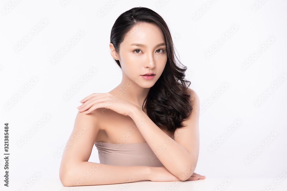 Portrait beautiful young asian woman clean fresh bare skin concept. Asian girl beauty face skincare and health wellness, Facial treatment, Perfect skin, Natural makeup, on white background,two Portrait beautiful young asian woman clean fresh bare skin concept. Asian girl beauty face skincare and health wellness, Facial treatment, Perfect skin, Natural makeup, on white background,two
