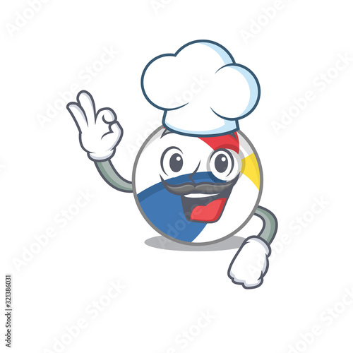 Beach ball cartoon character working as a chef and wearing white hat