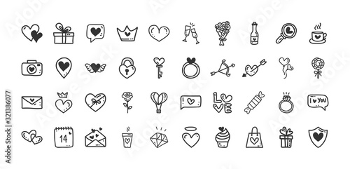 Set of black doodle icons. Collection of love drawing the hand. Design element for Valentine s day. Vector illustration.