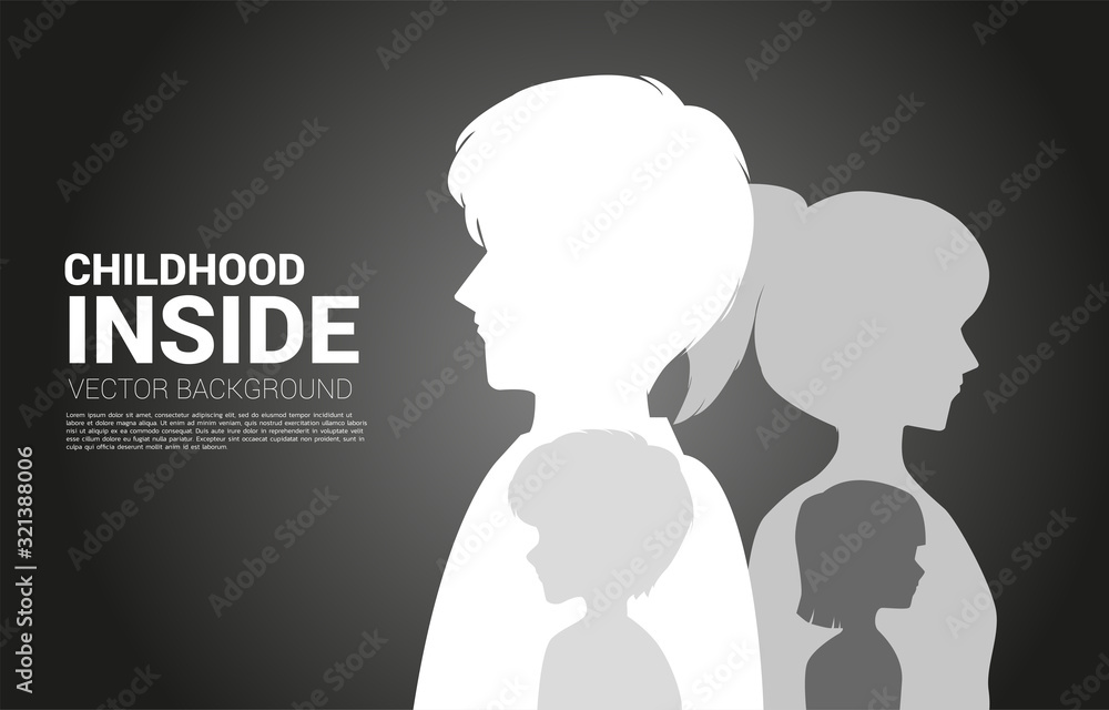 Silhouette man and woman with boy and girl inside. Concept for children in the man mind.