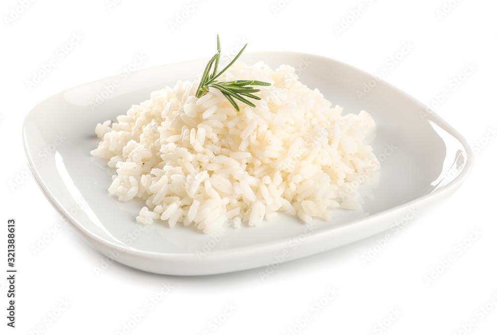 Plate with boiled rice on white background Plate with boiled rice on white background