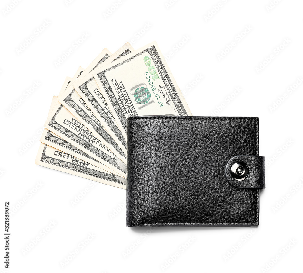 Wallet with money on white background. Savings concept Wallet with money on white background. Savings concept