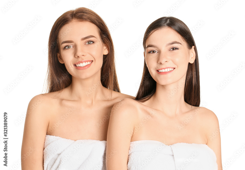 Young women with beautiful makeup on white background Young women with beautiful makeup on white background