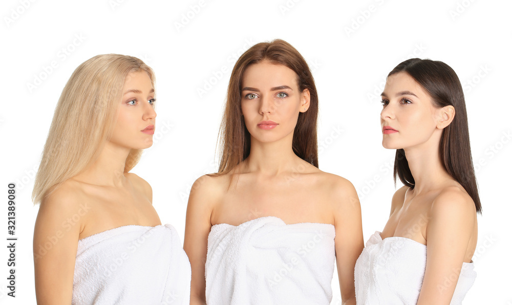 Young women with beautiful makeup on white background Young women with beautiful makeup on white background