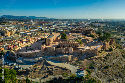 Aerial view of medieval Onda castle near the capital of tile factories in Castillon Spain with an curtain wall strengthened by semi circular towers photo