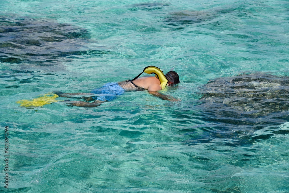 An adult male, snorkeling in the crystal clear waters of French Polynesia while on vacation.