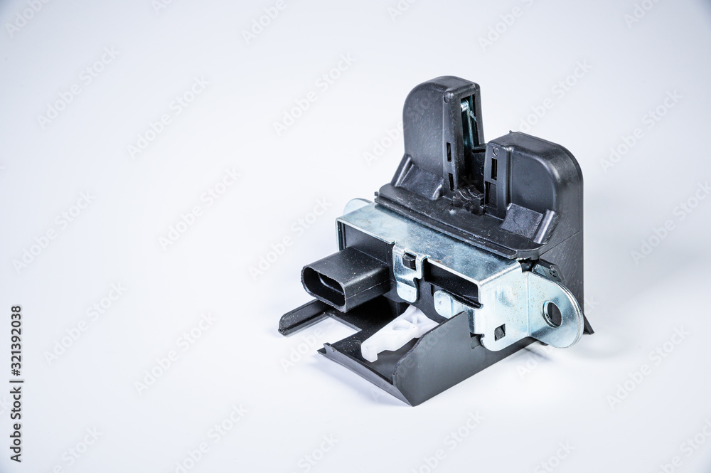 New tailgate lock with electric drive and plastic protection on a gray background
