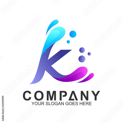 letter k logo with wave and water splash shape,creative initial letter,corporate identity,fresh letter logo