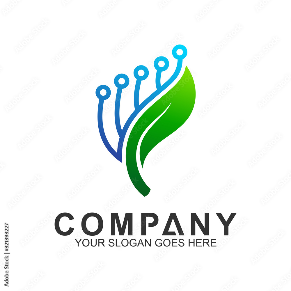 Obraz premium technology and science vector logo,friendly tech icon,logo concept of leaf with electronic line shape in circle