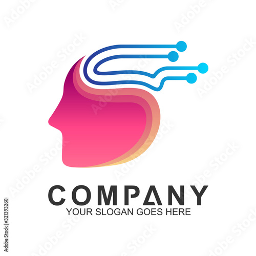 technology and science vector logo,creative think,smart brain,man head with electronic line shape