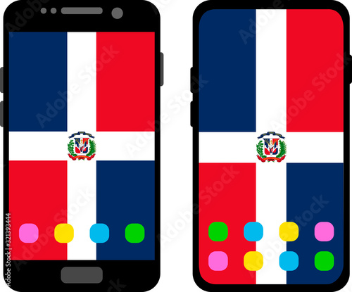 Free Download Two black smartphones with a home screen and wallpaper with the flag of the Dominican Republic: old model with gray buttons and new model without buttons. Vector graphics, illustration - GFXLoad