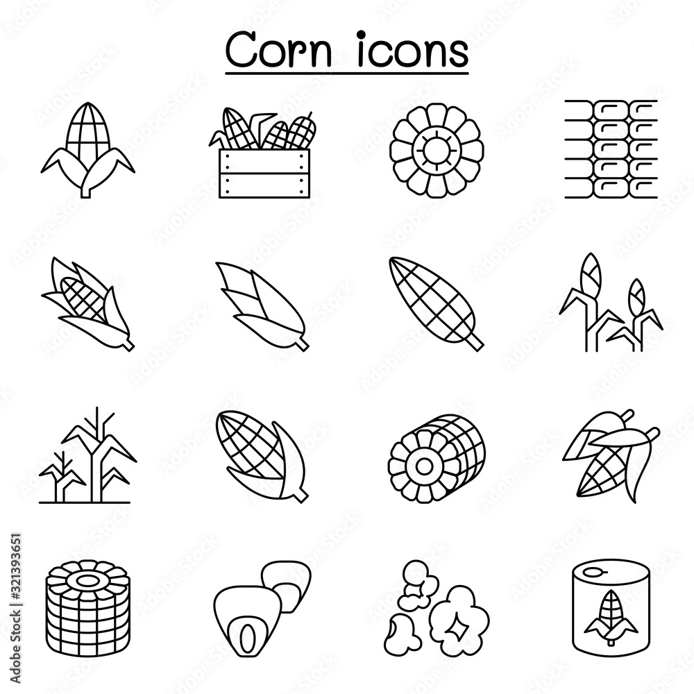 Corn icon set in thin line style - obrazy, fototapety, plakaty 