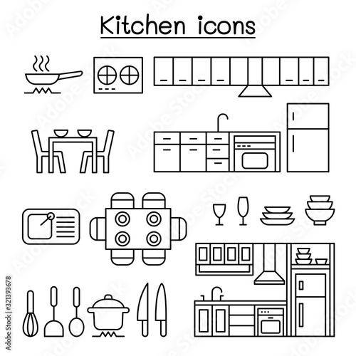 Kitchen icon set in thin line style