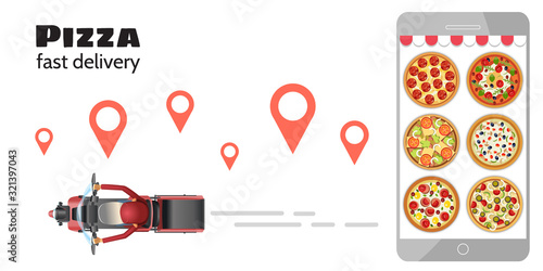Fast and free delivery by scooter top view. Vector cartoon illustration. Food service. Mobile app courier online fast delivery services with map navigation on phone concept