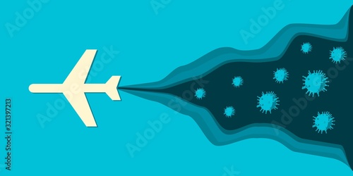 Spreading of viral infection. Medical science relative theme. Paper cut style. Air plane and viruses icons