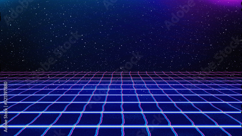 Retro cyberpunk style 80s Sci-Fi Background Futuristic with laser grid landscape. Digital cyber surface style of the 1980`s. 3D illustration