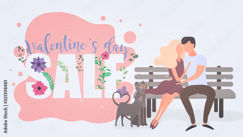 Plakat Valentine's day sale banner. Loving couple on the bench hug each other. Two cats in love. Vector illustration.