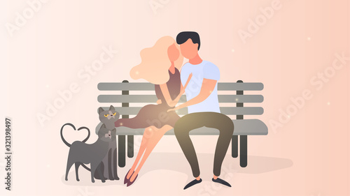 Loving couple snuggling on a bench. Boyfriend, girl, cats, hugs, love. Design element on the theme of Valentine's Day. Vector.