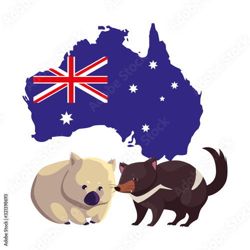 wombat and tasmanian devil with map of australia in the background photo