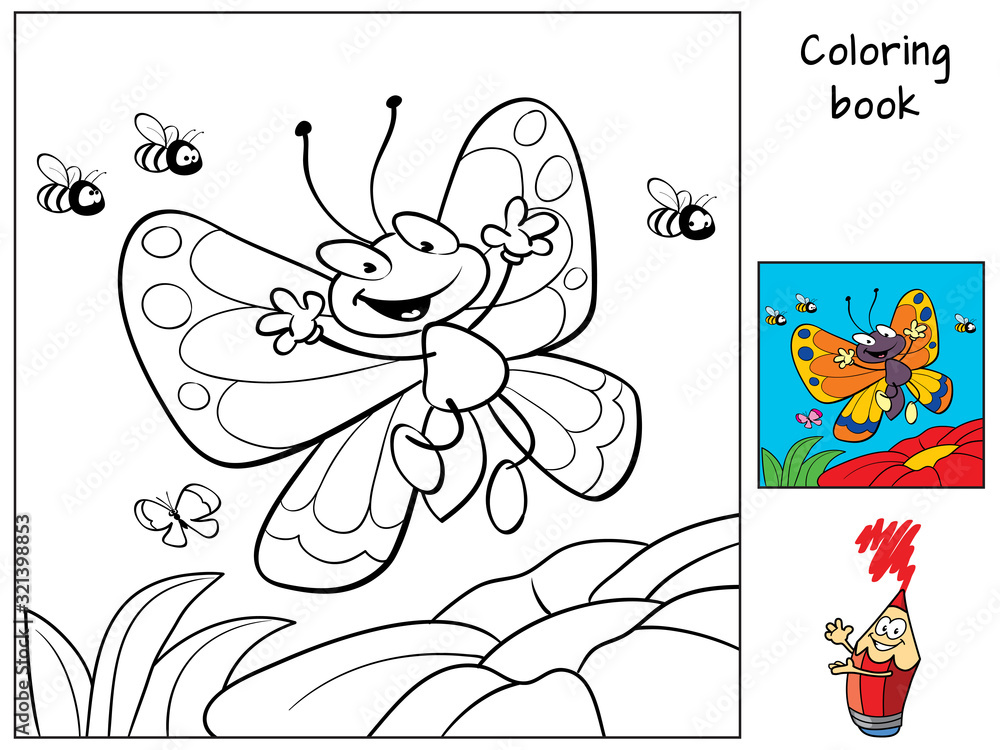 Happy butterfly flying. Coloring book. Cartoon vector illustration ...