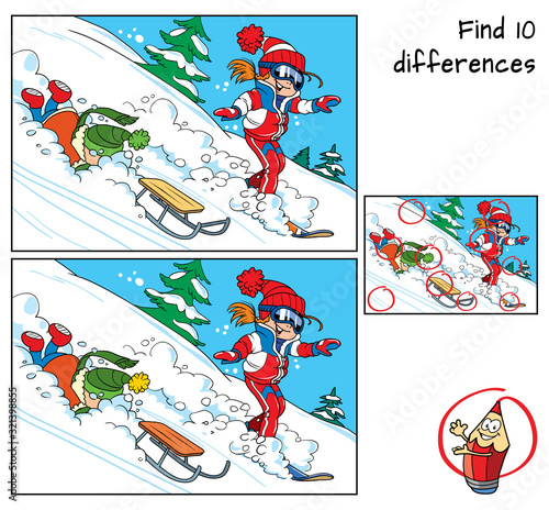 Winter holidays. Little girl is snowboarding and little boy is sledding . Find 10 differences. Educational matching game for children. Cartoon vector illustration