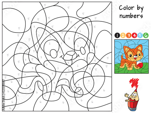 Cute little cat with the toy ball. Color by numbers. Coloring book. Educational puzzle game for children. Cartoon vector illustration