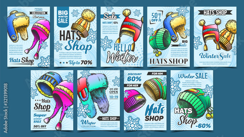 Hats Shop Winter Sale Advertise Banner Set Vector. Collection Of Different Creative Advertising Poster With Hats And Snowflakes. Woollen Cap Concept Template Designed In Vintage Style Illustrations