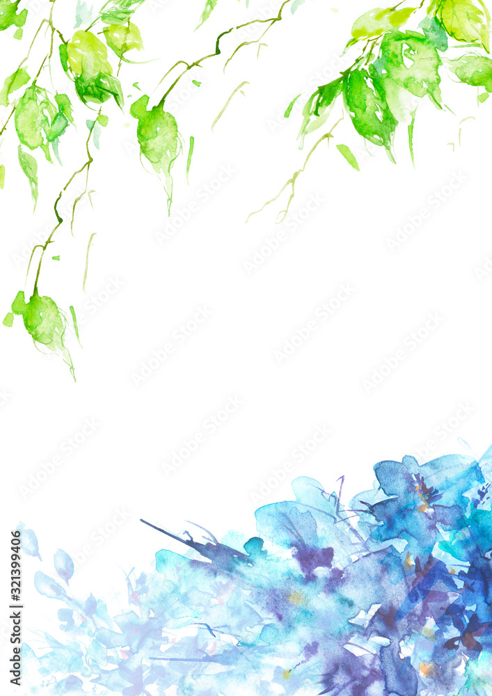 Watercolor garden flowers, blue, green. Abstract art illustration, scenic background. Violet, forget-me-not, flower of the field. For your postcard, site, invitation, design. Vintage art drawing. Watercolor garden flowers, blue, green. Abstract art illustration, scenic background. Violet, forget-me-not, flower of the field. For your postcard, site, invitation, design. Vintage art drawing.