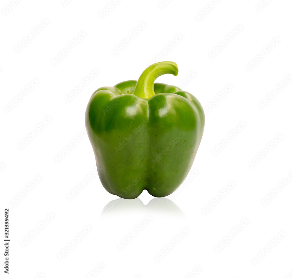 Fresh green sweet or bell peppers with water droplets on smooth vivid skin isolated and die cut with clipping path on white background Fresh green sweet or bell peppers with water droplets on smooth vivid skin isolated and die cut with clipping path on white background