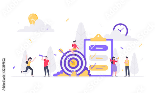 Teamwork concept with tiny people characters working together with big target and tiny people characters. Teamwork and time management concept flat style design vector illustration isolated white.