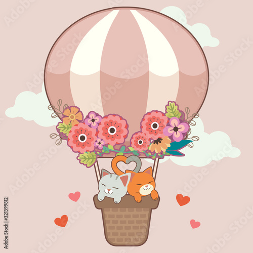 The character of cute cat sitting in the basket of hot air ballon on the pink sky. The cute cat with tail look like heart. The hot air balloon with flower. The character of cute cat in flat vector.
