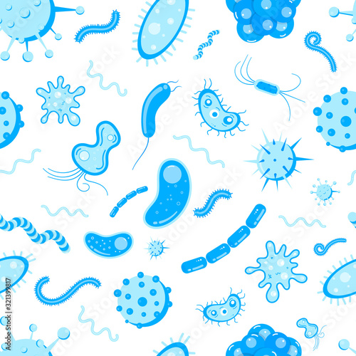 Bacterial microorganisms  germs and viruses colorful seamless pattern. Viruses  infections colorful  micro-organisms disease objects  cell cancer vector flat style design vector illustration on white.