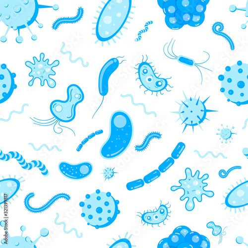 Bacterial microorganisms, germs and viruses colorful seamless pattern. Viruses, infections colorful, micro-organisms disease objects, cell cancer vector flat style design vector illustration on white.