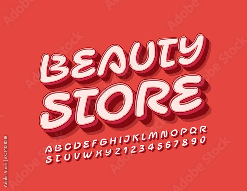 Vector colorful logo Beauty Store. Bright Red 3D Font. Artistic Alphabet Letters and Numbers.