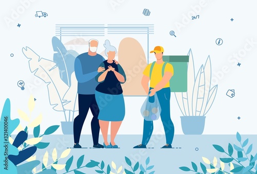 Fresh Groceries and Food Delivery for Elderly People. Old Senior Man and Woman Family Couple Receiving Parcel. Meal Basket as Social Help and Support. Volunteerism. Online Order Service