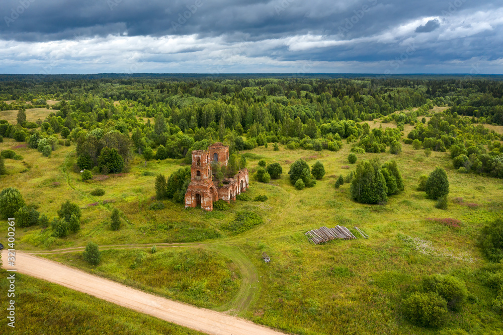 Aerial view the destroyed church of the Kazan Icon of the Mother of God. Village Russky Noviki, Novgorod region