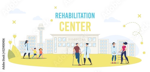 Disabled People Rehabilitation in Medical Center Trendy Flat Vector Banner, Poster Template. Hospital Patients, Clinic Clients with Disabilities, Injured Person Resting on Hospital Yard Illustration