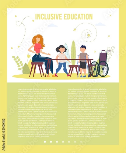 Inclusive Education School Program for Disabled Pupils Trendy Flat Vector Poster, Brochure or Presentation Slide Template. Boy on Crutches, Child with Disabilities Coming to School Class Illustration