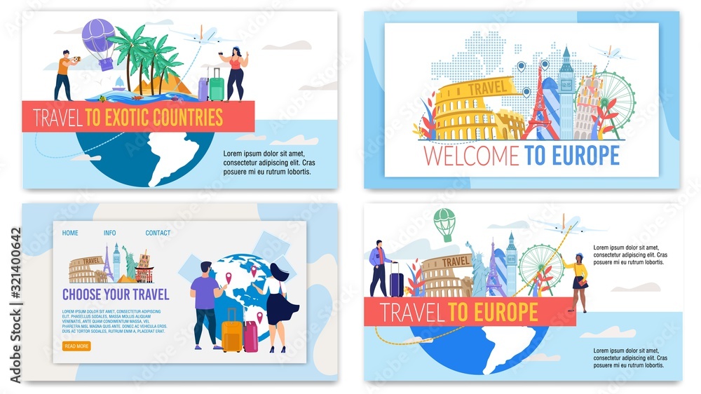 Landing Pages, Banners Set Offer Travel Tour to Europe and Exotic Country. Travelling All over World. Happy Tourists with Luggage Choosing Best Tour, Holiday Journey. Vector Illustration