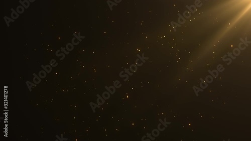 Beautiful Golden Floating Dust Particles with Flare on Black Background in Slow Motion. Animation of Dynamic Wind Particles In The Air With Bokeh. Futuristic glittering fly movement loop in space.