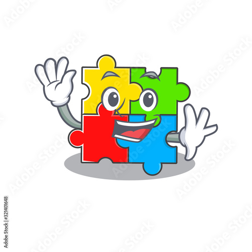 Waving friendly puzzle toy mascot design style