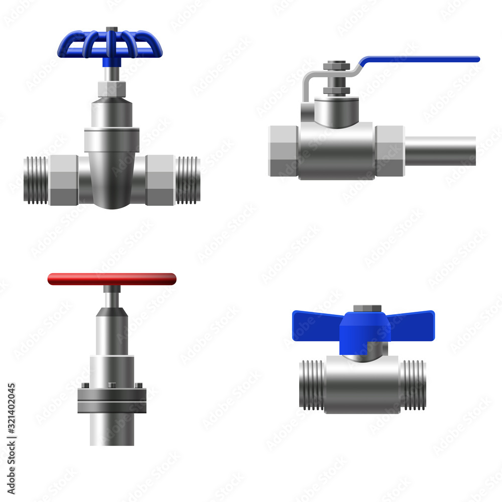 Set valves ball, fittings, pipes of metal piping system. Different types valves water, oil, gas pipeline, pipes sewage Set valves ball, fittings, pipes of metal piping system. Different types valves water, oil, gas pipeline, pipes sewage
