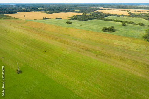 Aerial view of an agricultural field in an autumn evening