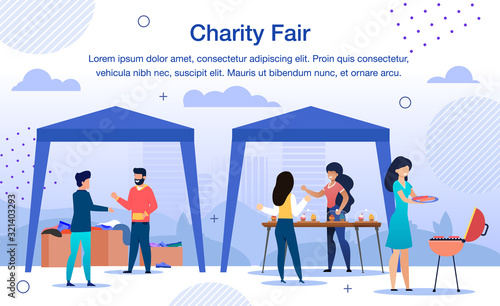 Charity Organization Fair, Garage Sale for Social Help Needs Trendy Flat Vector Banner, Poster. Volunteers Selling Sweets and Snacks, Collecting Donations and Things for Charity Purposes Illustration