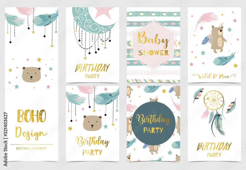 Cute kid background with dreamcatcher,feather,bear,star for birthday invitation
