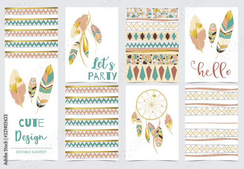 Collection of boho cards set with feather,dreamcatcher.Vector illustration for birthday invitation,postcard and sticker.Editable element