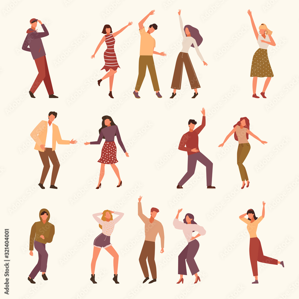dancing people. young persons male and female jumping and dancing on dancehall active celebrates. Vector characters
