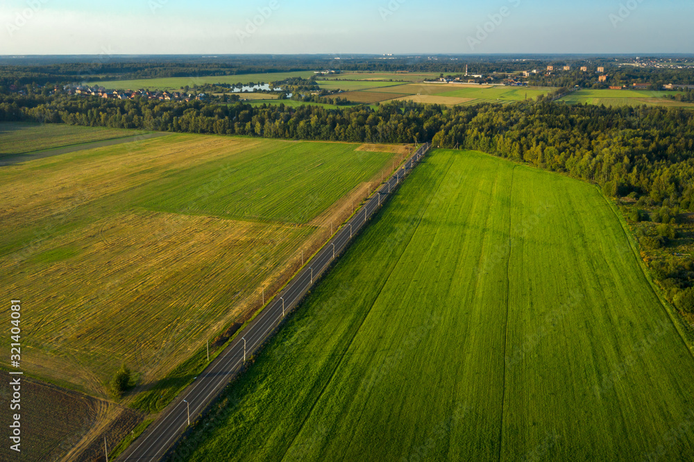 Aerial view of the road through the agricultural field