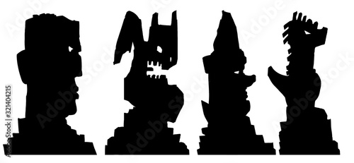 Four different totems of the fairy-tale gods: a man, a gargoyle, a sage, and a dragon all stand in profile on a stand. 2D illustration.