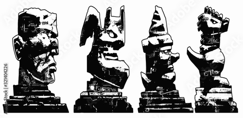 Four different totems of the fairy-tale gods: a man, a gargoyle, a sage, and a dragon all stand in profile on a stand. 2D illustration.